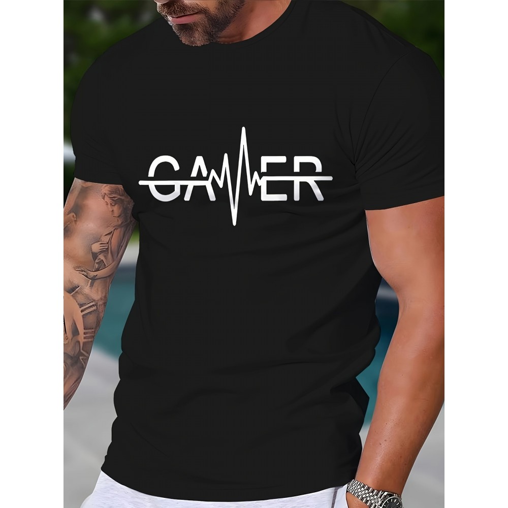Men'S Casual Crew Neck T-Shirt with Geometric Gamer Pulse Graphic, 100% Polyester Knit Fabric, Slight Stretch, Regular Fit - Stylish Streetwear for Sports and Fitness Men'S Casual Crew Neck T-Shirt with Geometric Gamer Pulse Graphic, 100% Polyester Knit Fabric, Slight Stretch, Regular Fit - Stylish Streetwear for Sports and Fitness
