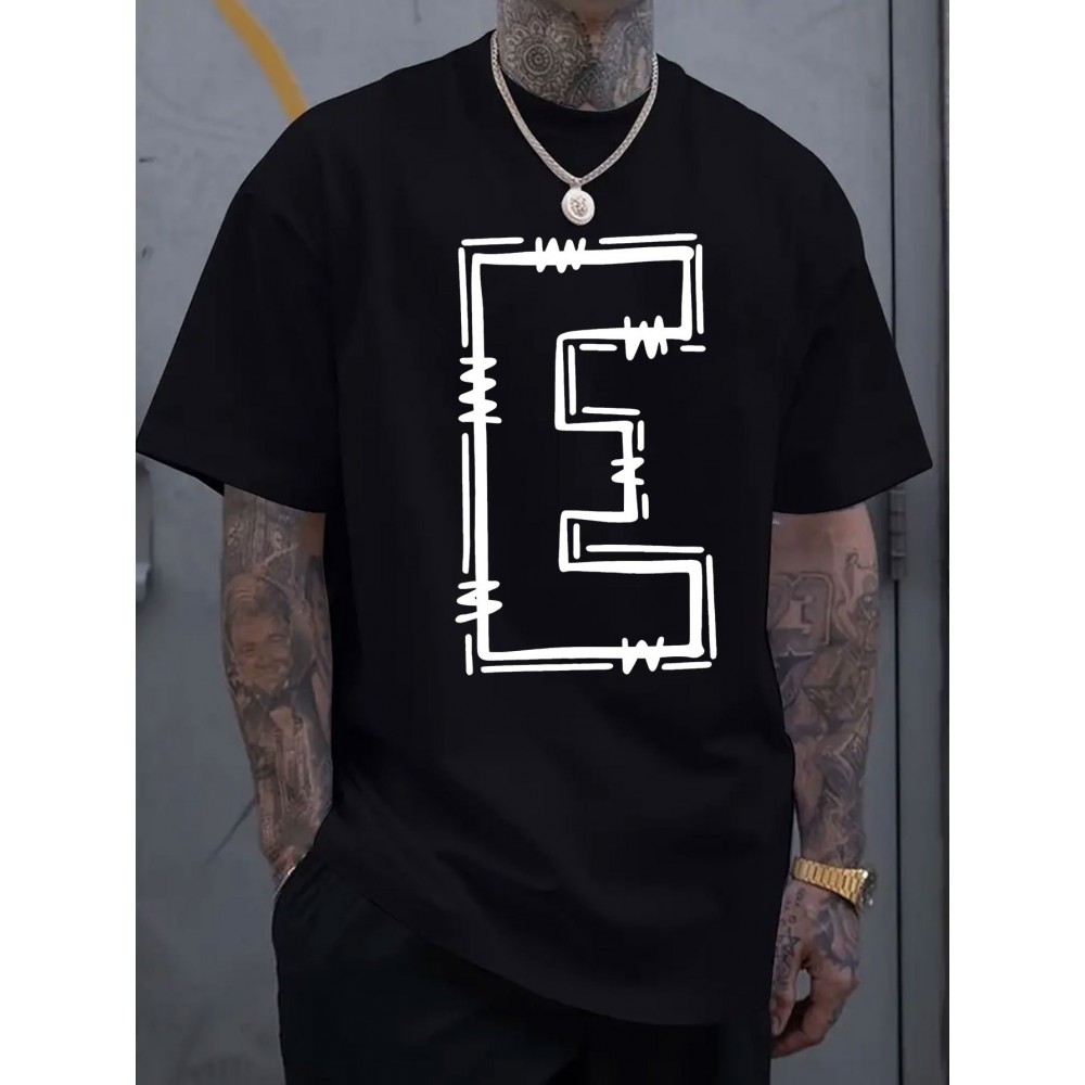 Simple and stylish E-letter printed men's round neck short sleeved T-shirt, comfortable and breathable casual sports top suitable for spring and summer vacation leisure