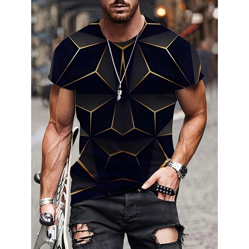 1pc Men'S Summer Fashion 3D Geometric Print T-Shirt, Casual Crew Neck, Polyester Knit Fabric with Slight Stretch, Regular Fit 1pc Men'S Summer Fashion 3D Geometric Print T-Shirt, Casual Crew Neck, Polyester Knit Fabric with Slight Stretch, Regular Fit