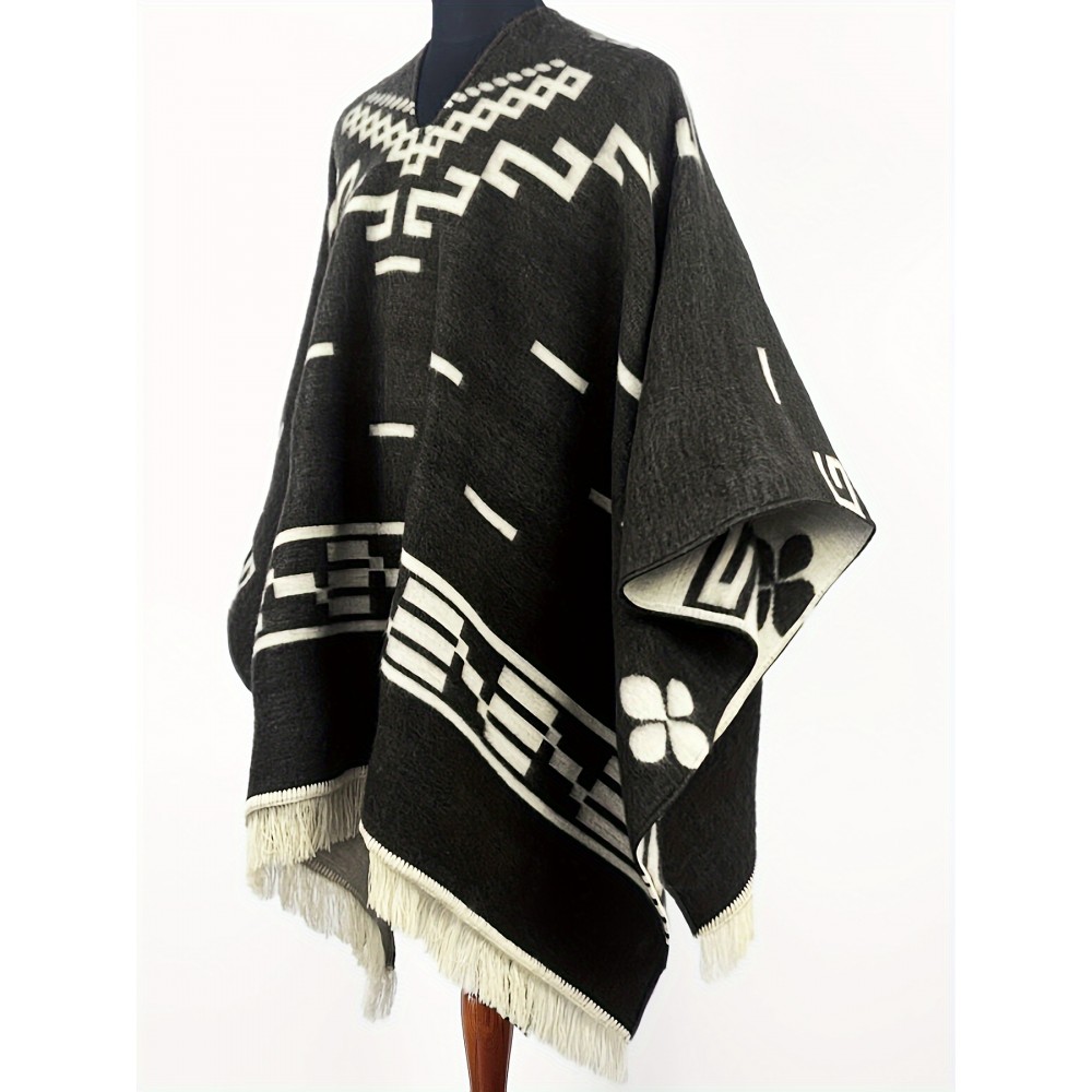 Casual V-Neck Tribal Pattern Poncho with Tassels - Polyester & Acrylic Blend, Non-Stretch Woven Fabric, Fall/Winter Warmth - Western Bandit Inspired Cape for Outdoor Adventures and Shopping Casual V-Neck Tribal Pattern Poncho with Tassels - Polyester & Acrylic Blend, Non-Stretch Woven Fabric, Fall/Winter Warmth - Western Bandit Inspired Cape for Outdoor Adventures and Shopping