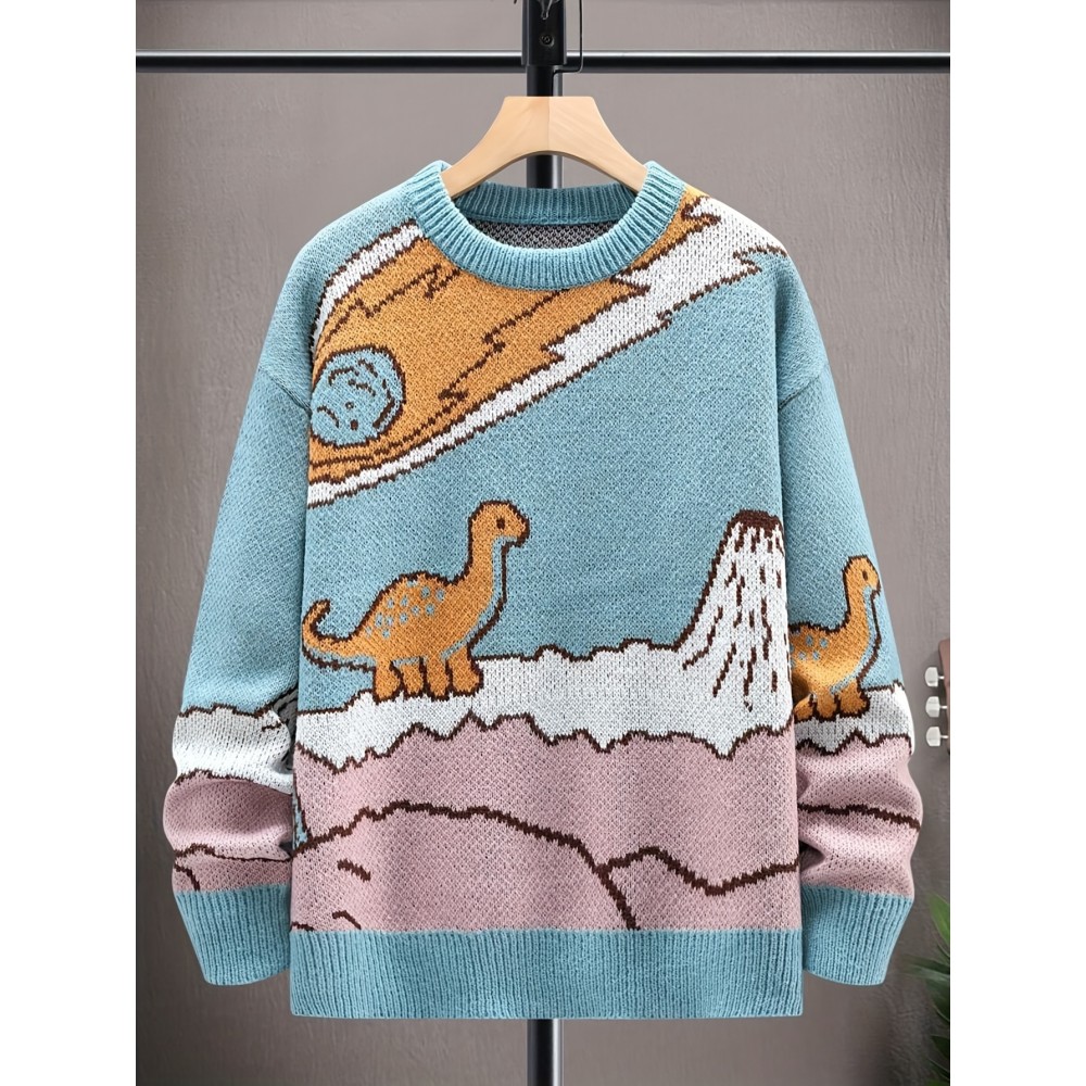 1pc Men'S Casual Round Neck Pullover Sweater, Polyester Knit with Animal Pattern, Loose Fit Long Sleeve for Autumn/Winter 1pc Men'S Casual Round Neck Pullover Sweater, Polyester Knit with Animal Pattern, Loose Fit Long Sleeve for Autumn/Winter