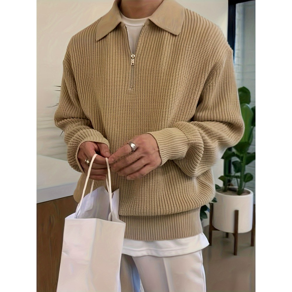 Men's Stylish Solid Knitted Shirt, Casual Slightly Stretch Breathable Lapel Zip Up Long Sleeve Shirt Top For City Walk Street Hanging K-pop Men's Stylish Solid Knitted Shirt, Casual Slightly Stretch Breathable Lapel Zip Up Long Sleeve Shirt Top For City Walk Street Hanging K-pop