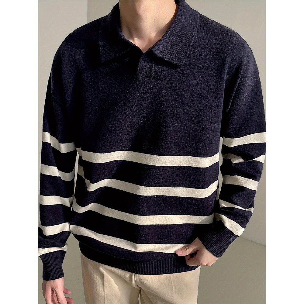Men's Color Blocking Striped Golf Shirt For Autumn And Winter, Casual Stylish Long Sleeve Top As Gift Men's Color Blocking Striped Golf Shirt For Autumn And Winter, Casual Stylish Long Sleeve Top As Gift