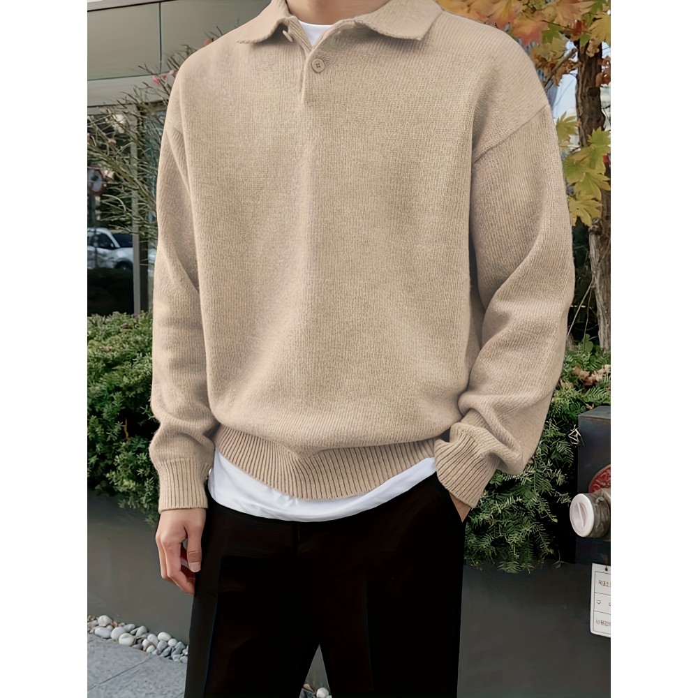 Men'S Casual Solid Color Button-Design Sweater | 100% Polyester Knit Fabric | Medium Stretch | Polo Collar | Loose Fit | Fall/Winter Collection Men'S Casual Solid Color Button-Design Sweater | 100% Polyester Knit Fabric | Medium Stretch | Polo Collar | Loose Fit | Fall/Winter Collection