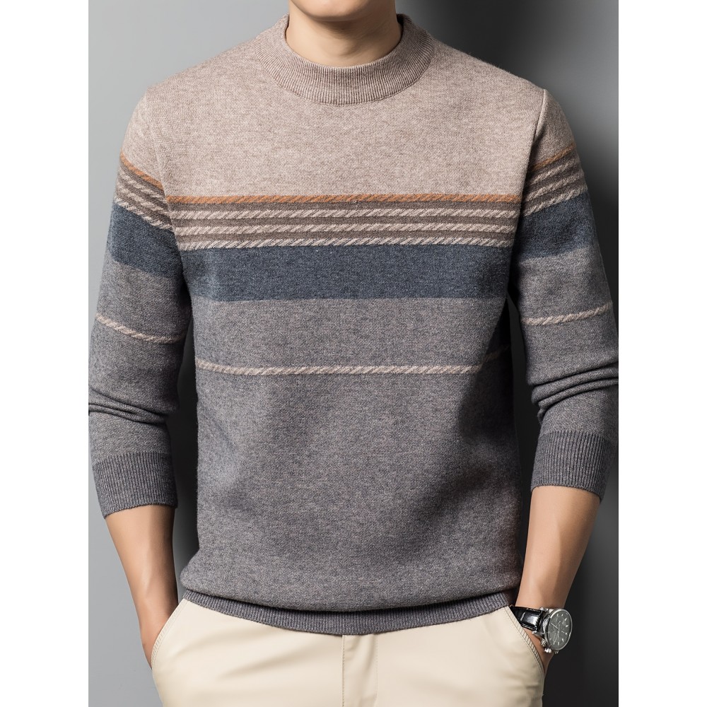 1pc Men'S Casual Striped Crew Neck Sweater, Polyester Knit Long Sleeve Pullover, Mature Style Solid Color Warm Top for Sports and Leisure 1pc Men'S Casual Striped Crew Neck Sweater, Polyester Knit Long Sleeve Pullover, Mature Style Solid Color Warm Top for Sports and Leisure
