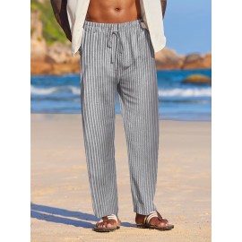 Men's Lightweight Striped Casual Pants with Elastic Waist and Pockets - Perfect for Casual Attire