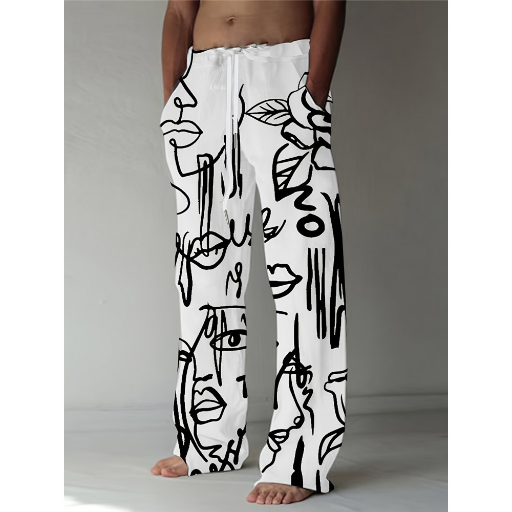 Men's Casual Athletic Joggers with Abstract Face Print - Loose Fit, Polyester Blend, Machine Washable Men's Casual Athletic Joggers with Abstract Face Print - Loose Fit, Polyester Blend, Machine Washable