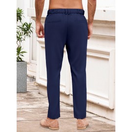 Men'S Casual Chino Pants, Rayon Blend, Non-Stretch, Solid Color, Regular Fit, with Button Detail, for All-Season Woven Flat Front Drawstring Trousers