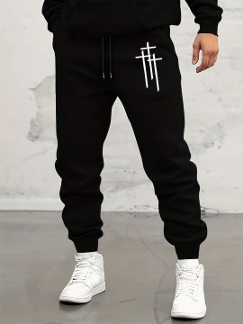 Men's Casual Athletic Joggers With Stretch Waist And Drawstring - Knitted Sport Sweatpants With Cross Print, Pockets, And Relaxed Fit