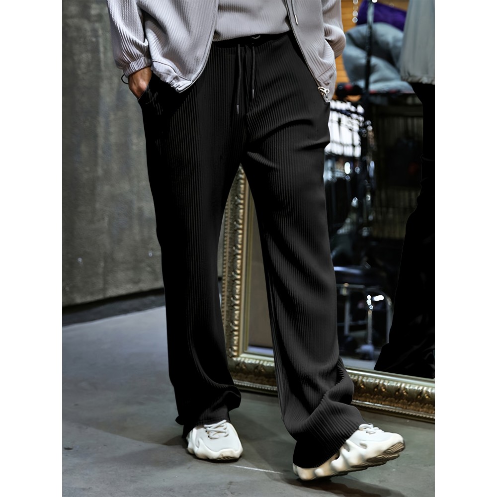 Men's Drawstring Pants Mid Waist Straight Leg Long Pants Casual Solid Color Ribbed Pants Men's Drawstring Pants Mid Waist Straight Leg Long Pants Casual Solid Color Ribbed Pants
