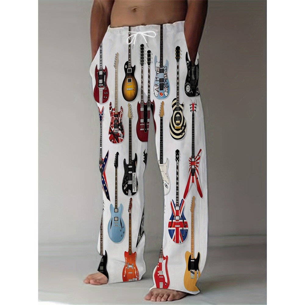 Men's Vintage-Inspired Guitar Print Casual Pants - Loose Fit, Drawstring Waist, Polyester, Machine Washable Men's Vintage-Inspired Guitar Print Casual Pants - Loose Fit, Drawstring Waist, Polyester, Machine Washable