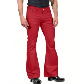 Men's Vintage-Inspired Flare Pants - Solid Color, Mid-Rise Bell Bottoms with Cotton Blend, Machine Washable