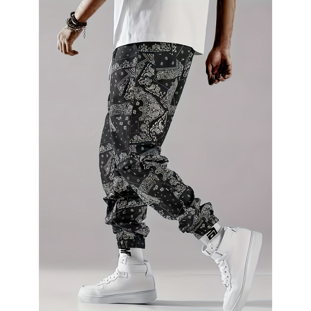 Stylish Paisley Print, Men's Casual Cuffed Pants, Breathable Lightweight Comfy Drawstring Pants Stylish Paisley Print, Men's Casual Cuffed Pants, Breathable Lightweight Comfy Drawstring Pants