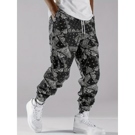 Stylish Paisley Print, Men's Casual Cuffed Pants, Breathable Lightweight Comfy Drawstring Pants