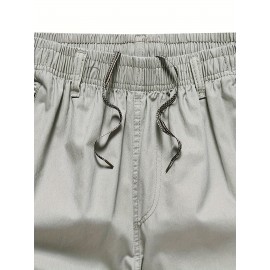 Casual Solid Men's Regular Fit Elastic Waist Cotton Cargo Shorts With Side Pockets For Summer Outdoor Leisure And Work