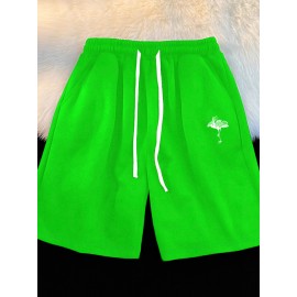 1pc Crane Emblem Casual Shorts, Polyester Knit Fabric with Slight Stretch, Regular Fit with Pockets, Alphabet Pattern - Comfortable Summer Wear