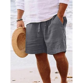 1pc Men'S Casual Linen Blend Shorts - Solid Color, Drawstring Elastic Waist, Breathable Slight Stretch Fabric, Loose Fit Beach Shorts