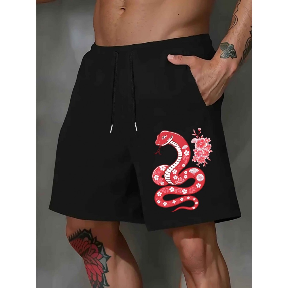 1pc Men'S Casual Polyester Shorts with Elastic Snake Print, Knitted Summer Beachwear, Regular Fit Trendy Outerwear 1pc Men'S Casual Polyester Shorts with Elastic Snake Print, Knitted Summer Beachwear, Regular Fit Trendy Outerwear