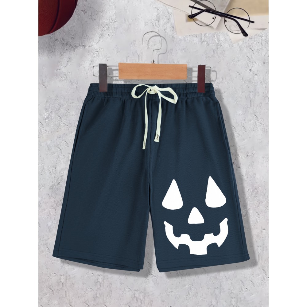 1pc Halloween Pumpkin Smile Print Men'S Casual Cotton Blend Shorts, Slight Stretch Knit Fabric, Regular Fit Sports Shorts 1pc Halloween Pumpkin Smile Print Men'S Casual Cotton Blend Shorts, Slight Stretch Knit Fabric, Regular Fit Sports Shorts