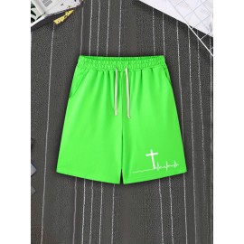 Men's Casual Cross Print Shorts with Pockets - Breathable Polyester, Machine Washable