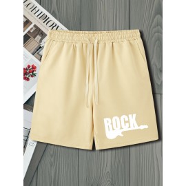 Men's Casual Rock Print Drawstring Shorts - Breathable Polyester, Pockets Included, Machine Washable